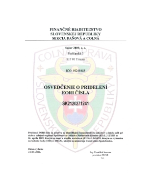 Osvedčenie o pridelení EORI čísla oleje